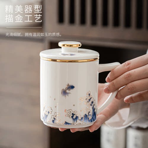 羊脂玉茶杯茶水分离陶瓷办公室带盖泡茶过滤男女专用杯子定制logo - 图3