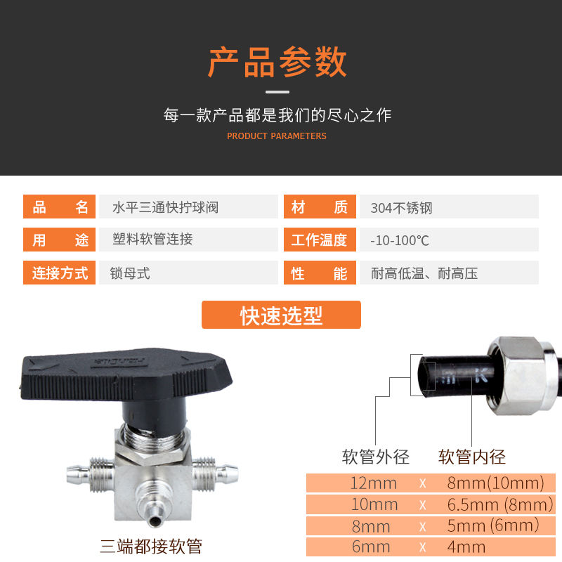 304不锈钢水平快拧三通球阀 仿美手动流量控制接PU管软管水管阀门 - 图3