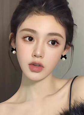2025年新款植绒珍珠蝴蝶结耳钉耳环复古红色无耳洞耳夹气质女耳饰