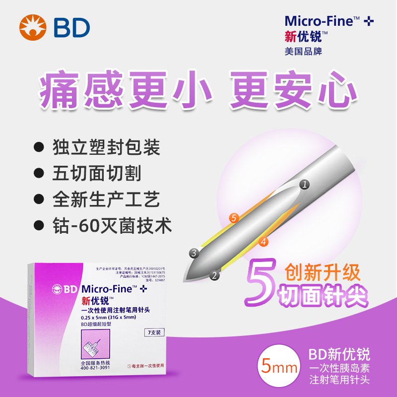 BD新优锐胰岛素针头0.25*5mm一次性胰岛素注射笔针头通用针头正品 - 图0