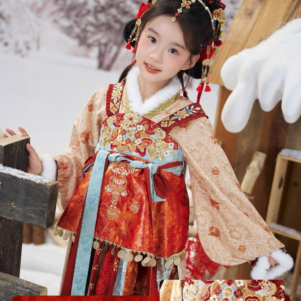 卿卿汉服女童拜年服加绒加厚刺绣连衣裙对襟红外套小女孩新年喜庆,淘宝优惠券,粉丝福利购,淘宝优惠卷