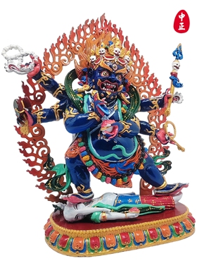 六臂玛哈嘎拉彩绘中正造像铜摆件