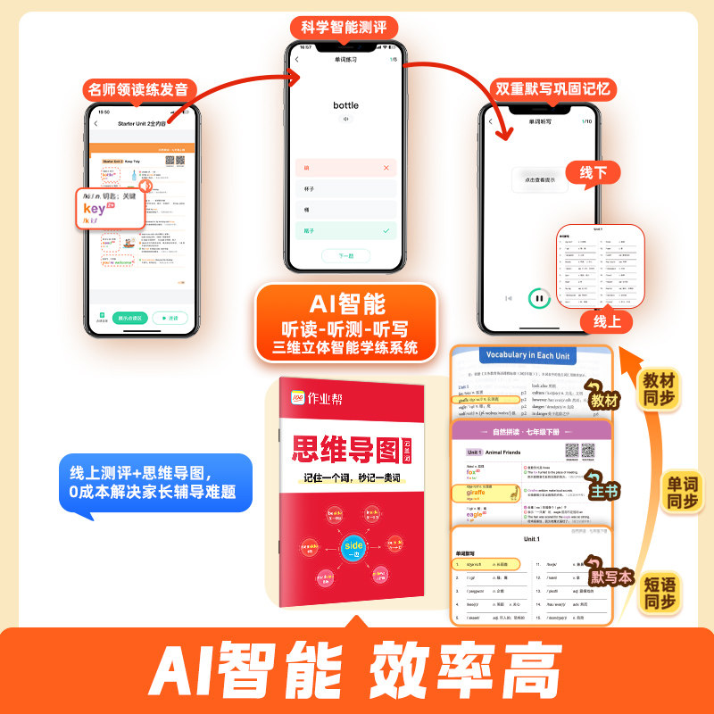 【作业帮旗舰店】自然拼读秒记初中英语词汇必背2000词新2024版789年级初一二三英语单词默写本记忆本一本通背诵神器中考必背2025