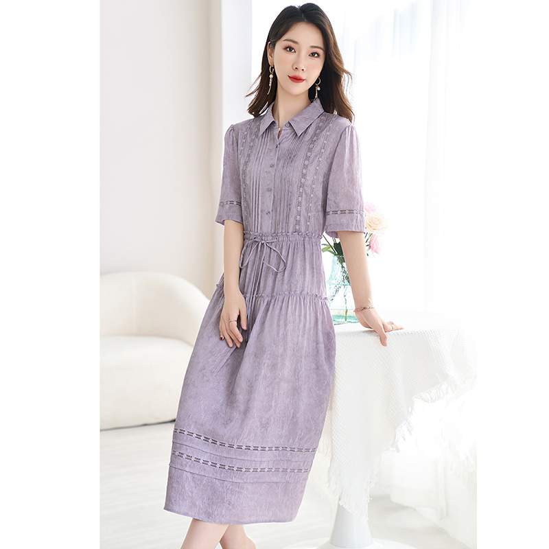 声雨竹典雅气质亚麻桑蚕丝连衣裙女2025夏装新款翻领压褶显瘦真丝 - 图1