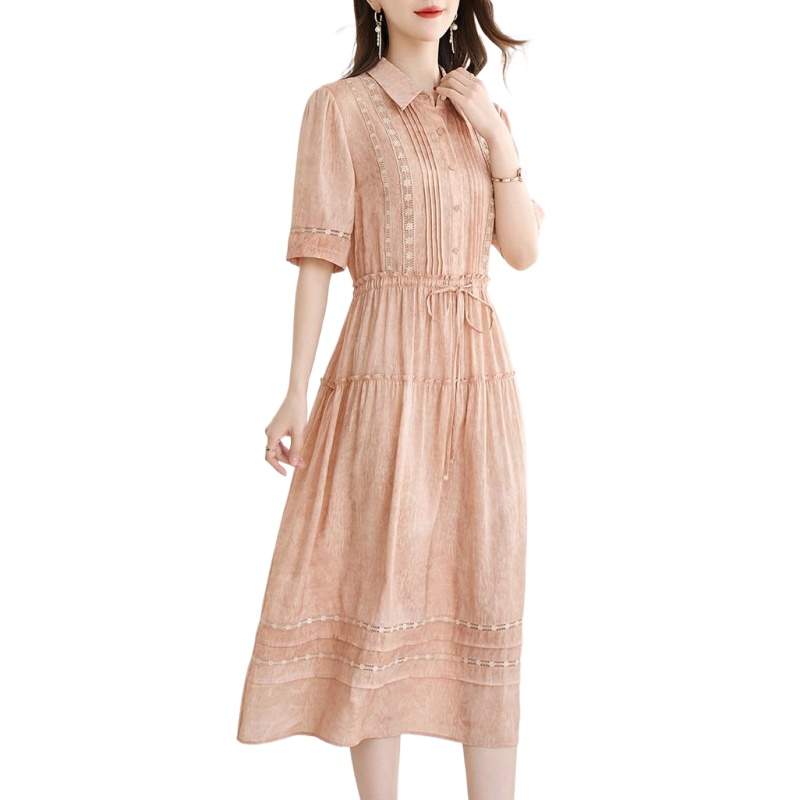 声雨竹典雅气质亚麻桑蚕丝连衣裙女2025夏装新款翻领压褶显瘦真丝 - 图3