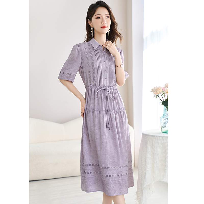 声雨竹典雅气质亚麻桑蚕丝连衣裙女2025夏装新款翻领压褶显瘦真丝 - 图0