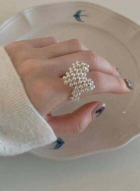 earlobe欧尼同款 爱心花朵戒指 银球珠子拼接唯美风指环编织韩代