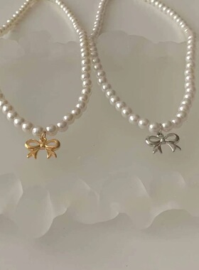 韩国东大门代购earlobe蝴蝶结珍珠项链锁骨链甜美秋冬新款珠子链