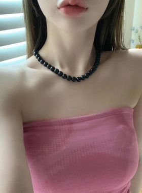 韩国东大门代购earlobe黑色串珠项链纯色百搭款简约设计通勤韩式