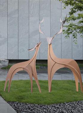 不锈钢几何抽象梅花鹿雕塑园林景观售楼部草坪房地产小区装饰摆件