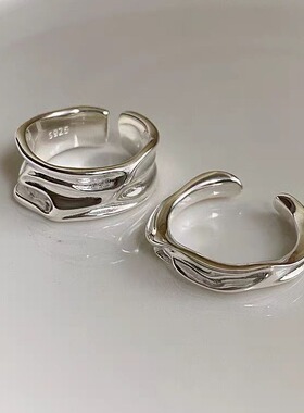 日系coss kokos925银不规则开口戒食指环小众设计感肌理褶皱戒指