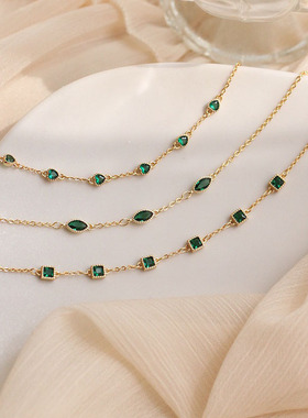 日系coss kokos925银镶钻马眼爱心方块祖母绿手链女简约时尚轻奢