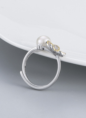 日系coss koko欧美新款分色花朵珍珠戒指s925银指环可调节diy