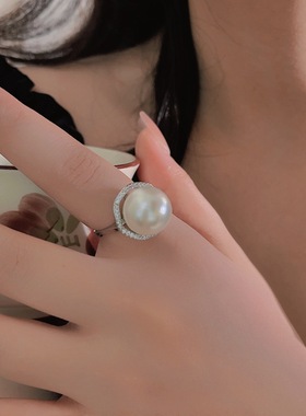 日系coss kokos925银正圆14mm大珍珠戒指女法式复古高级感气质镶