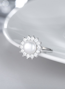 日系coss koko时尚太阳花戒指s925银珍珠开口指环diy空托