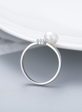 日系coss koko新款s925银指环简约镶嵌单钻珍珠戒指diy空托