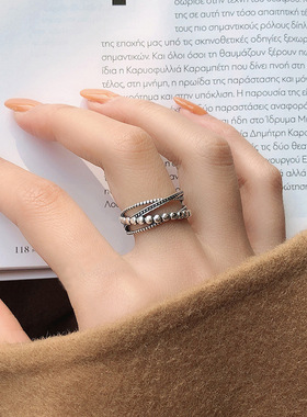 日系coss kokos925银线条戒指女复古风简约时尚多层交叉开口气质