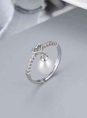日系coss koko欧美925银爱心珍珠戒指女轻奢小众设计款diy空托