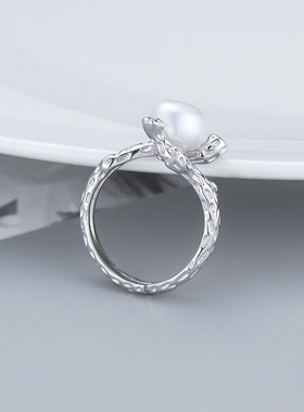 日系coss koko新款s925银简约树叶淡水珍珠戒指可调节时尚竹节