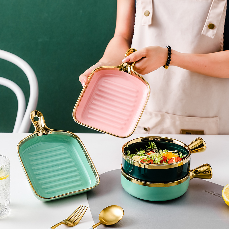 轻奢陶瓷水果沙拉小碗家用客厅祖母绿果盘甜点金边零食点心手柄碗 - 图1