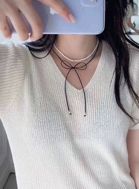 黑色项链蝴蝶结双层珍珠颈链