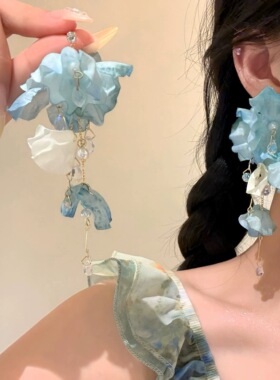 玫瑰冰茶~蓝色流苏花朵耳钉女