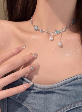 清冷感蓝色蝴蝶项链女甜酷辣妹