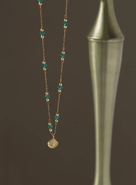 轻奢复古祖母绿项链小众金贝壳18金吊坠女高级设计感气质锁骨链