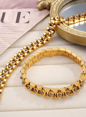 熹薇森林欧美感小众钛钢手链镀18k金跨境表带式带珠不锈钢手链