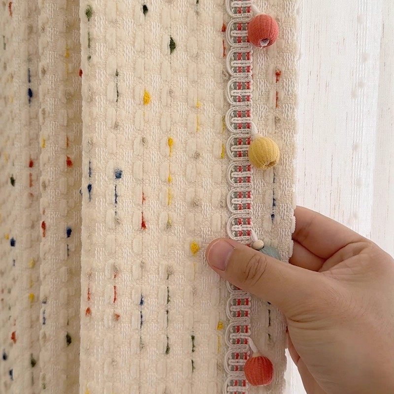 法式奶油彩色多巴胺彩虹豆豆儿童房窗帘客厅花边毛球毛绒布丁糖豆,淘宝优惠券,粉丝福利购,淘宝优惠卷