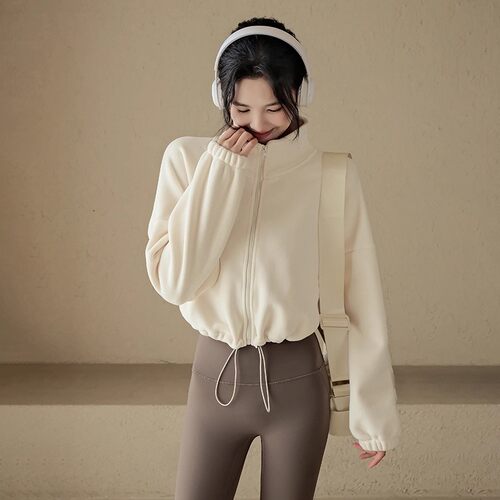 新款加厚运动外套女秋冬季保暖双面绒瑜伽服时尚健身长袖上衣 - 图1