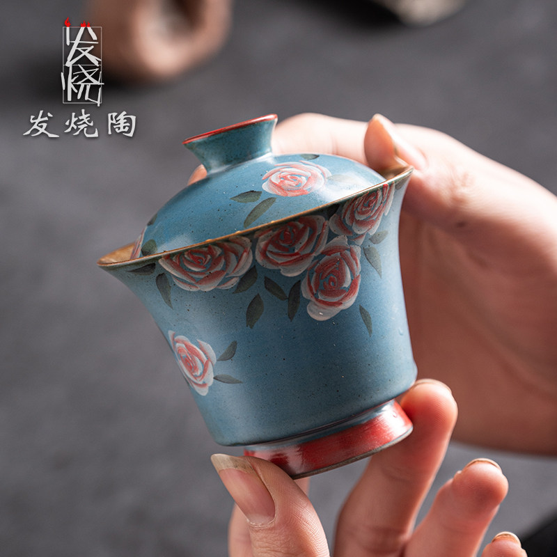 发烧陶100cc小容量盖碗家用中式复古风手绘陶瓷二才碗功夫茶具 - 图2