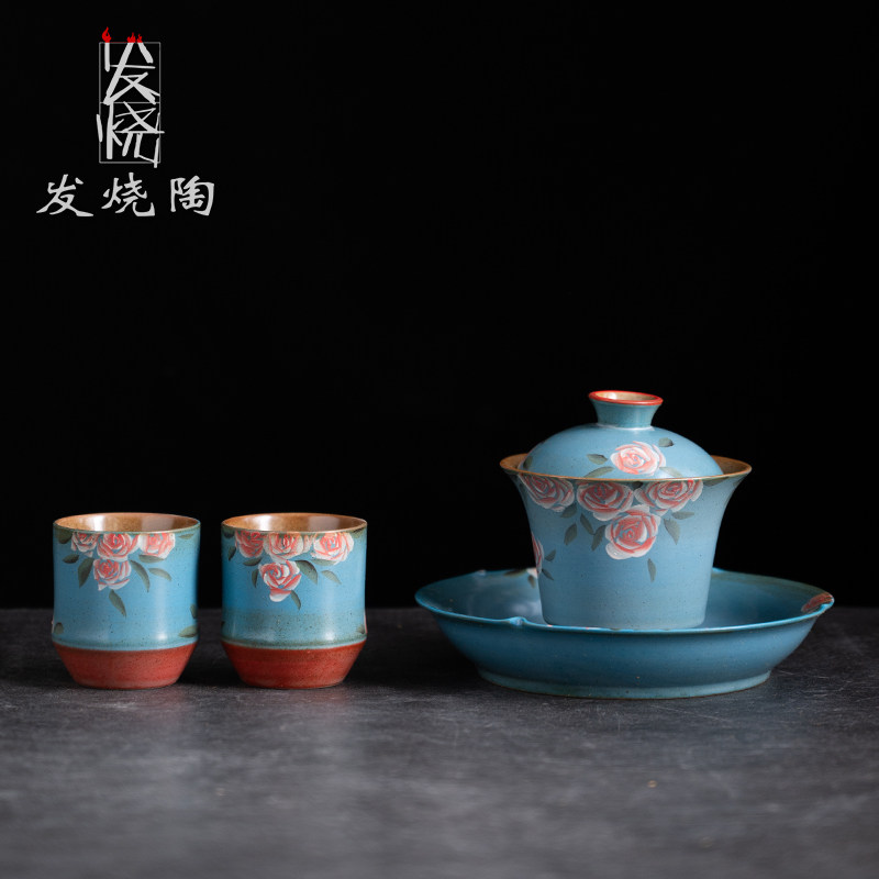 发烧陶100cc小容量盖碗家用中式复古风手绘陶瓷二才碗功夫茶具 - 图3