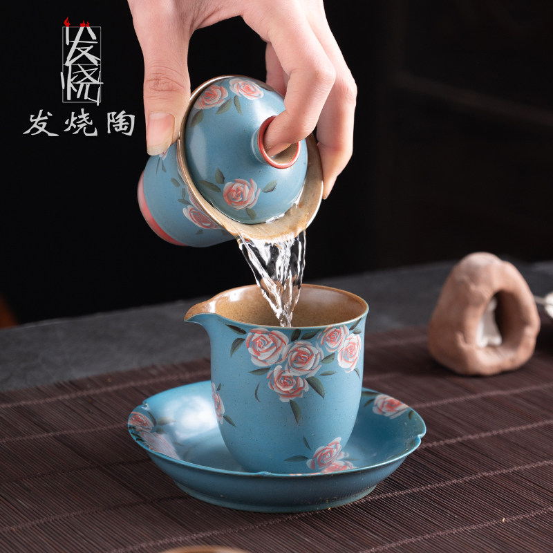 发烧陶100cc小容量盖碗家用中式复古风手绘陶瓷二才碗功夫茶具 - 图1