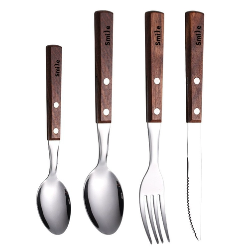 Ретро комплект, высококлассная ручка из натурального дерева для домашнего использования, посуда из нержавеющей стали, 3 предмета