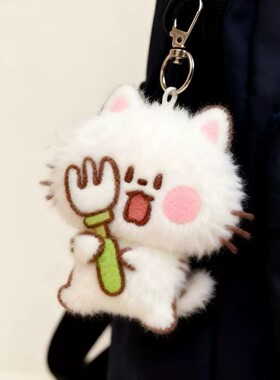 可爱软萌毛绒小猫抱鱼钥匙扣