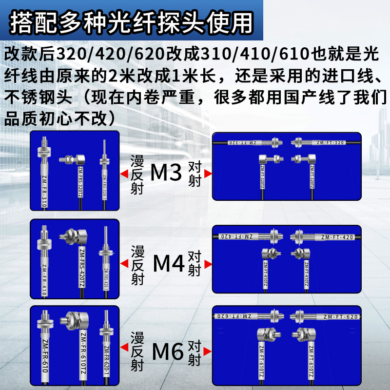 中文数显光纤放大器光纤传感器M3漫反射M4对射M6探头感应光电开关-图2