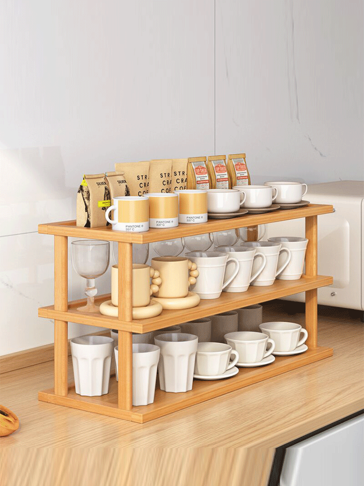实木桌面杯子收纳置物架多层放水杯茶杯茶具咖啡马克杯放置柜防尘-图2