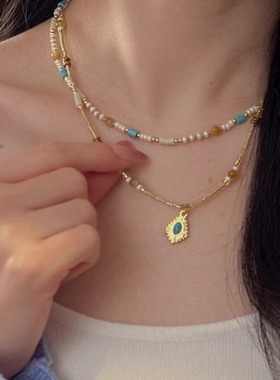 十里间 【渐羽】文艺复古蓝绿色串珠项链小众锁骨链
