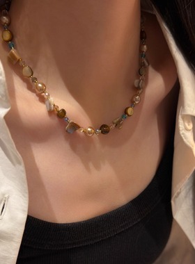 十里间【哥特】简约气质天然贝壳虎眼石项链百搭中古串珠锁骨链