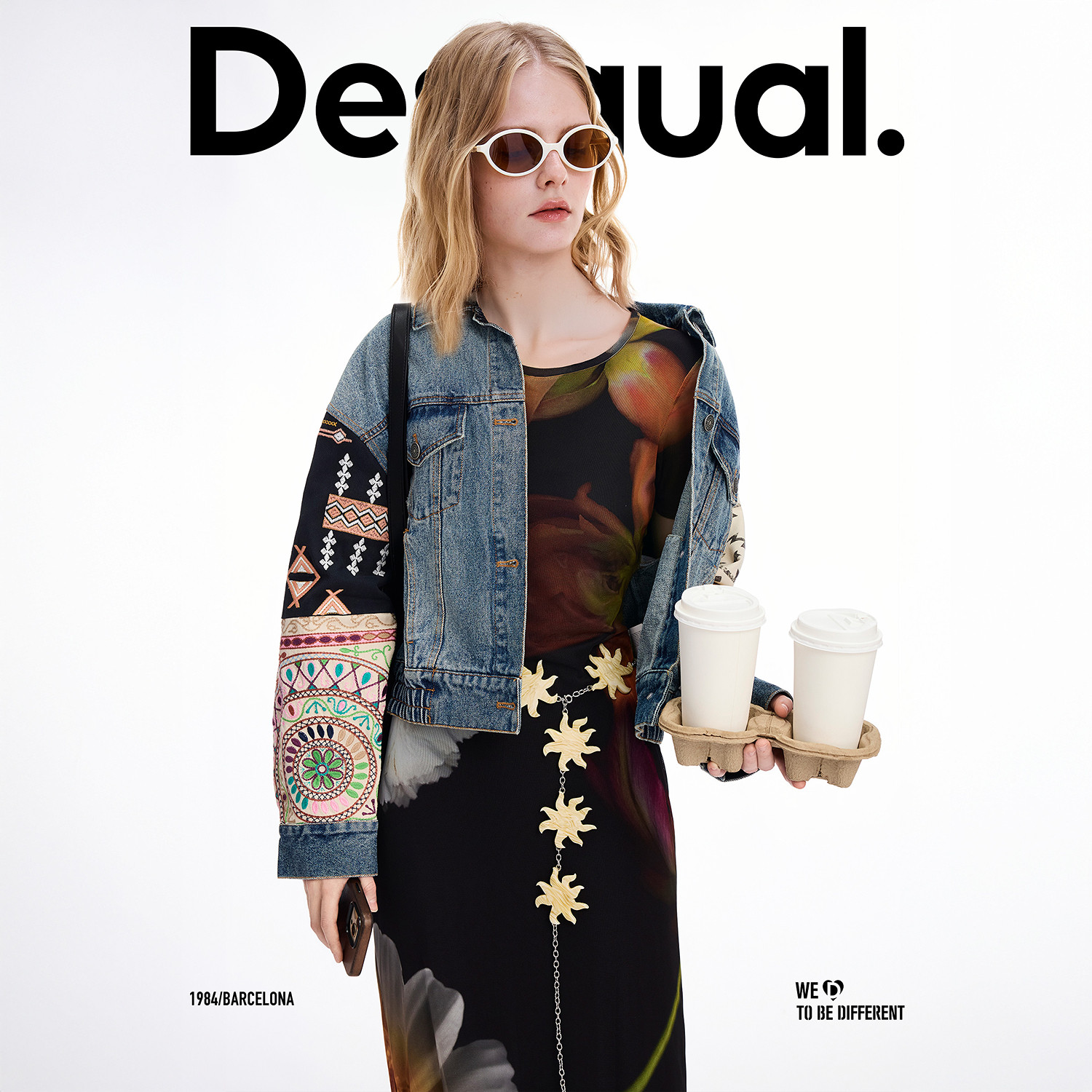 Desigual宽松牛仔撞色刺绣拼接夹克中蓝丹宁女士外套