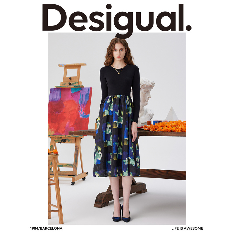 Desigual【西班牙时尚品牌】时尚拼接印花收腰连衣裙-图2