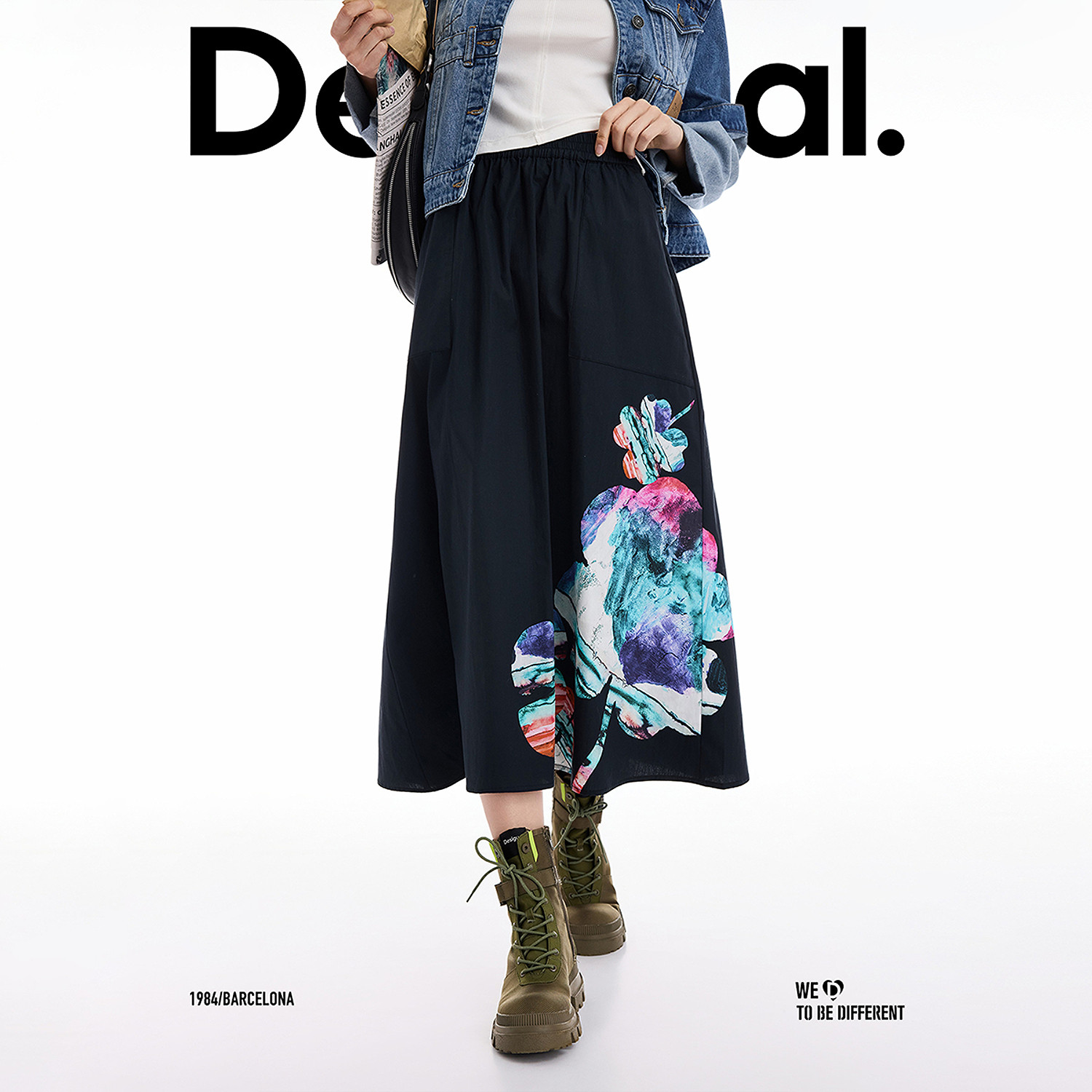 Desigual【Lacroix联名】25秋冬新品联名抽象花卉印花黑色半身裙,淘宝优惠券,粉丝福利购,淘宝优惠卷