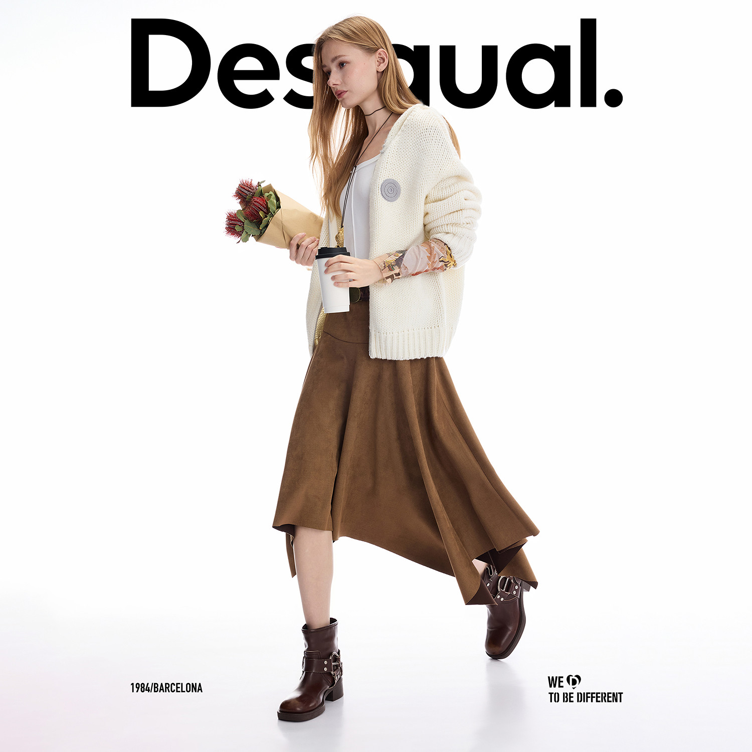 Desigual25秋冬新品羊毛混纺撞色拱针连帽针织拉链开衫女士外套