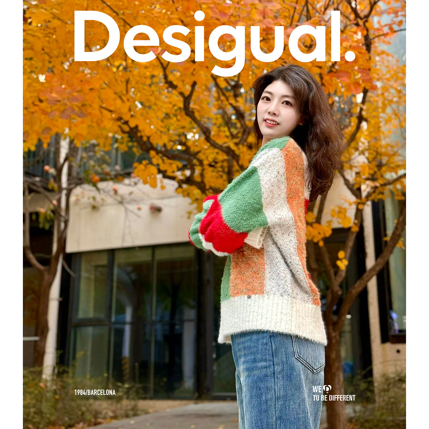 Desigual25秋冬新品多色仿貂彩纱绞花圆领长袖女式针织衫
