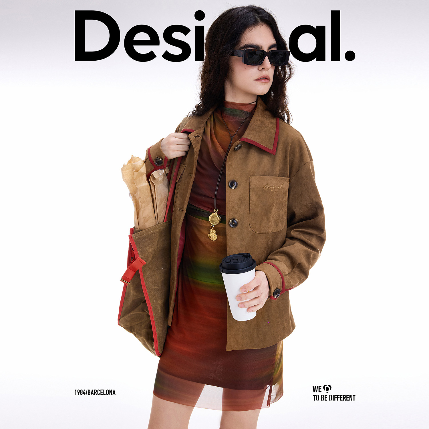 Desigual25秋冬新品麂皮感巴恩风红色撞边装饰工装风女士外套