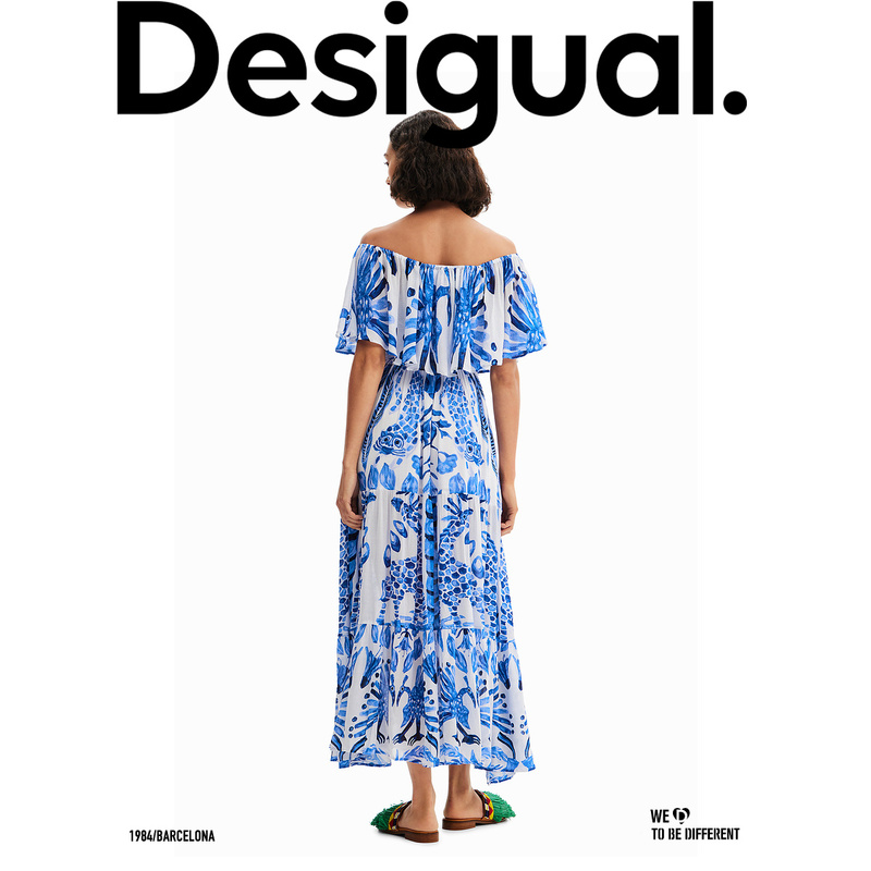 Desigual24春夏新品波西米亚轻薄高腰伞摆印花一字肩荷叶边连衣裙