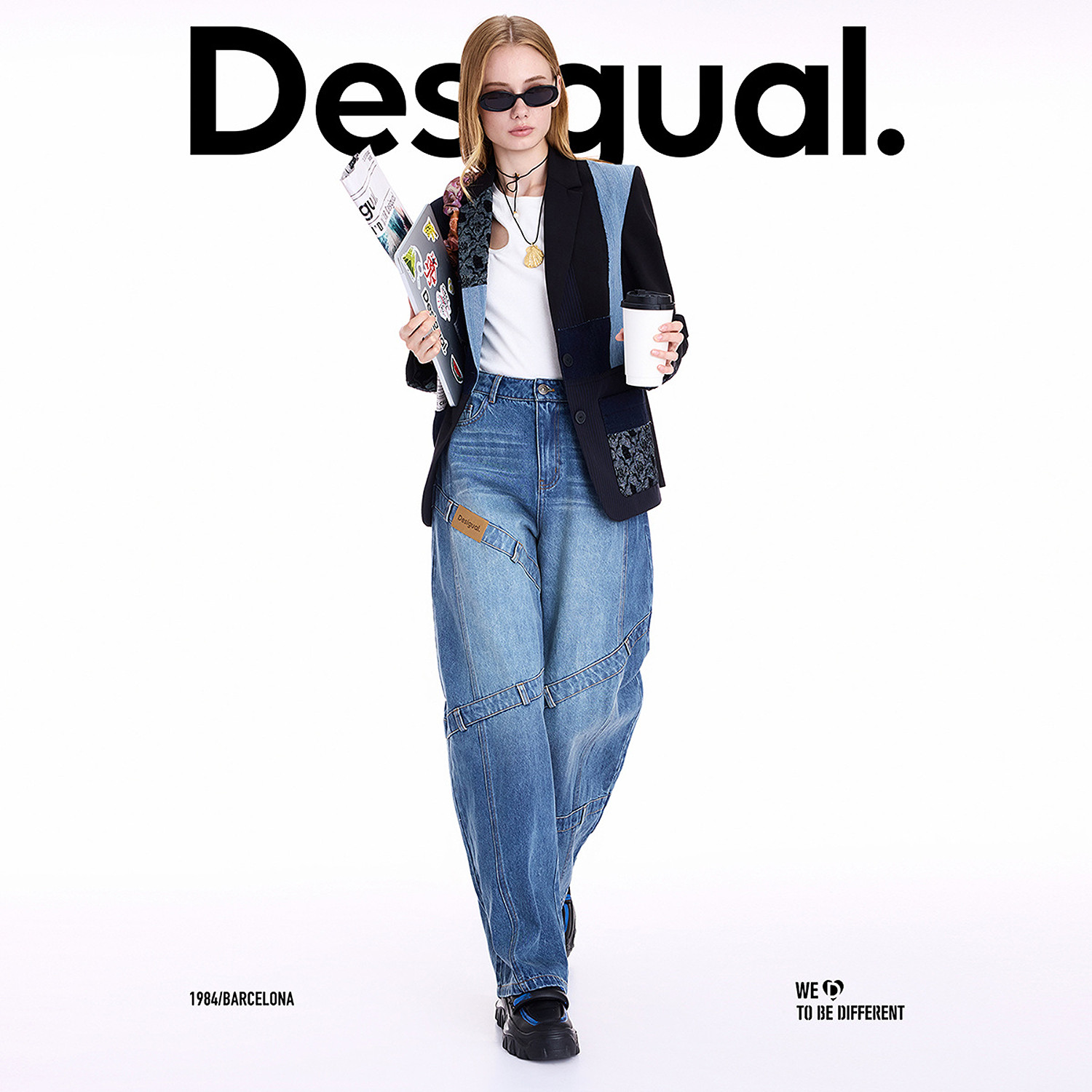 Desigual25秋冬新品牛仔提花拼接翻领西装女士外套