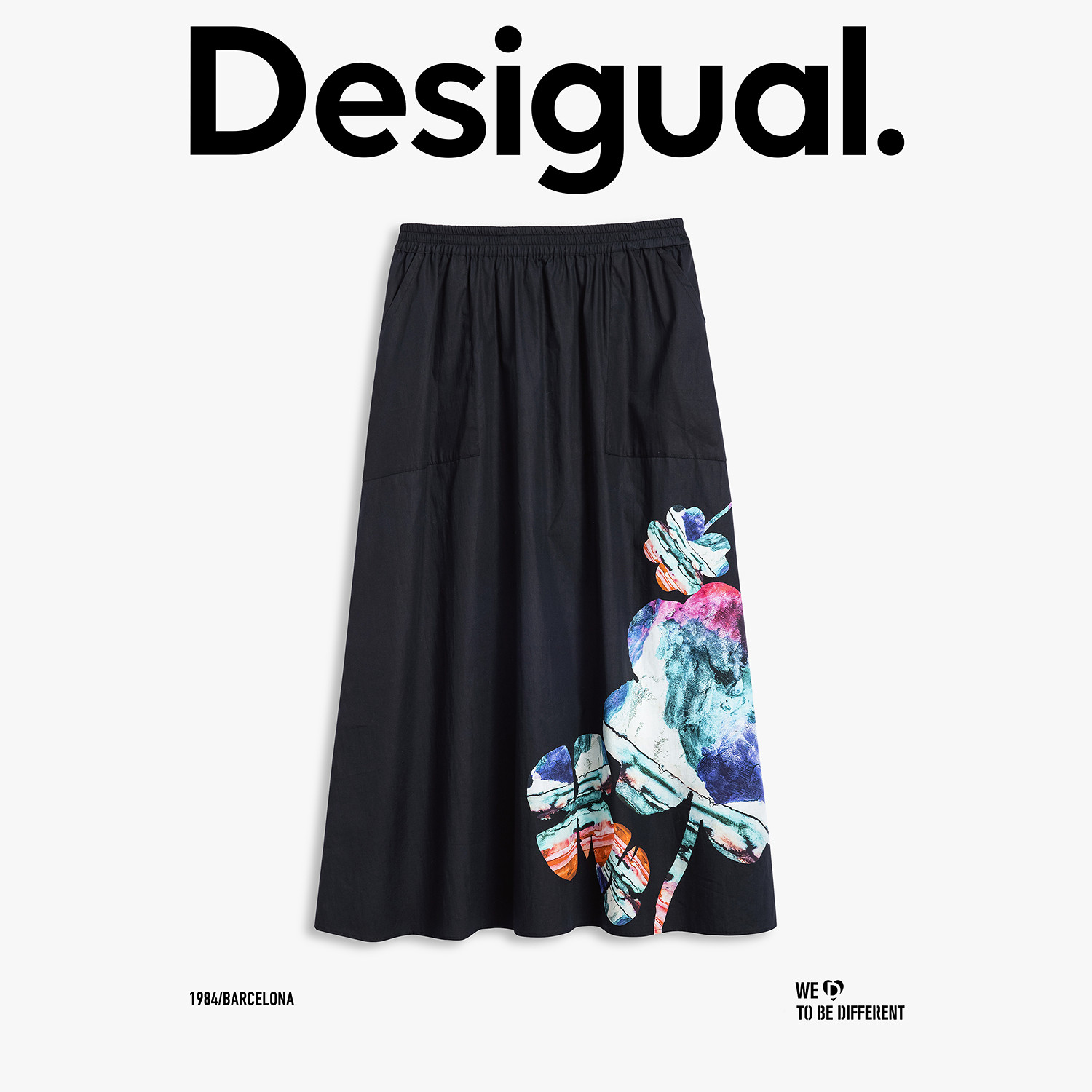 Desigual【Lacroix联名】25秋冬新品联名抽象花卉印花黑色半身裙,淘宝优惠券,粉丝福利购,淘宝优惠卷