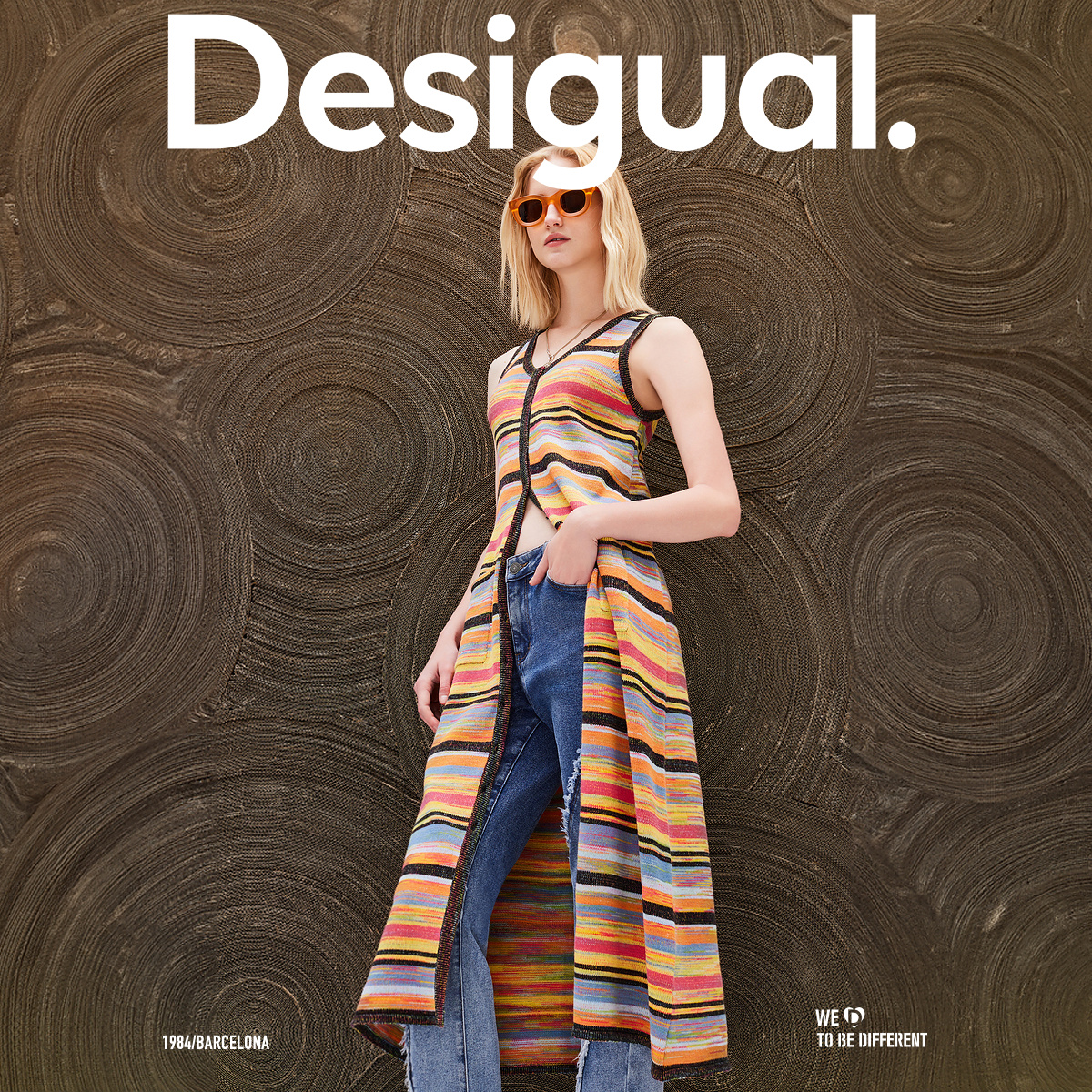 Desigual【博主同款】24春夏新品条纹段染纱V领开襟长款连衣裙